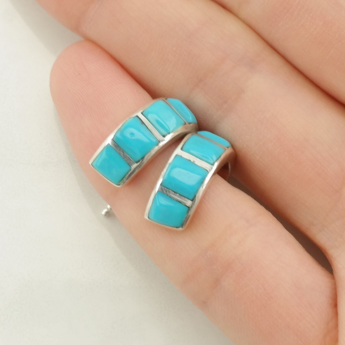 Southwest Sterling Silver Turquoise Inlay Earrings Stud Hoop