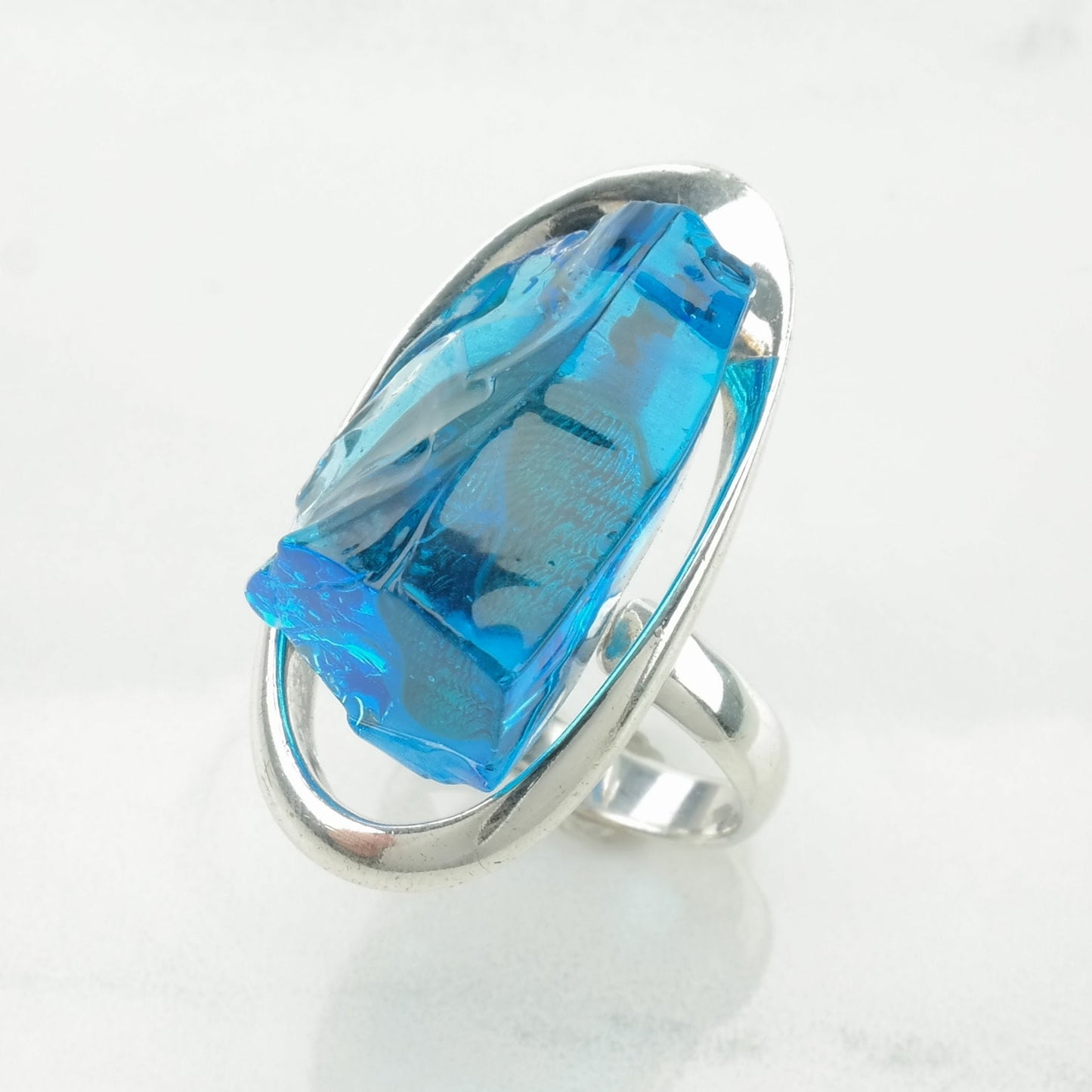 Sterling Silver Ring Crystal Modernist Bright Blue Size 8 1/2