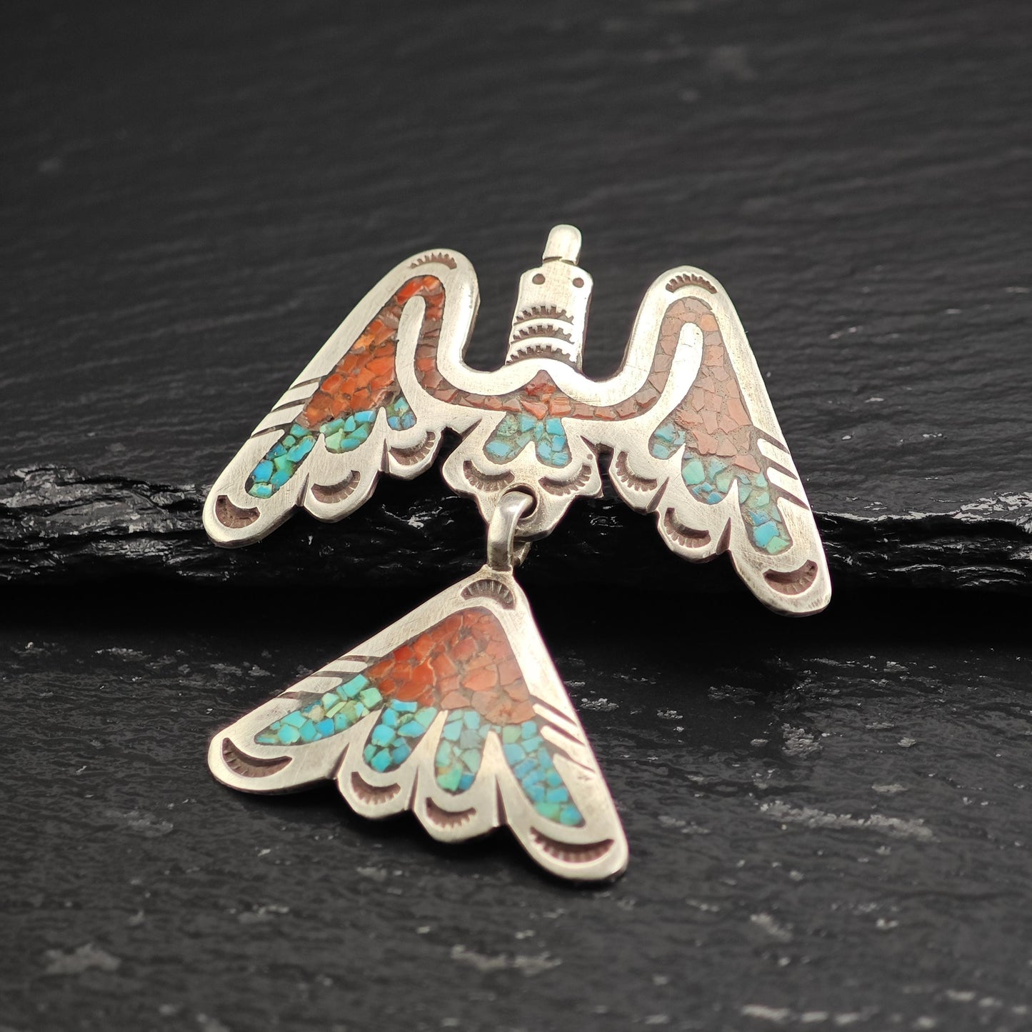 Native American Coral, Turquoise Inlay Thunderbird Pendant/Brooch, Sterling Silver P3020