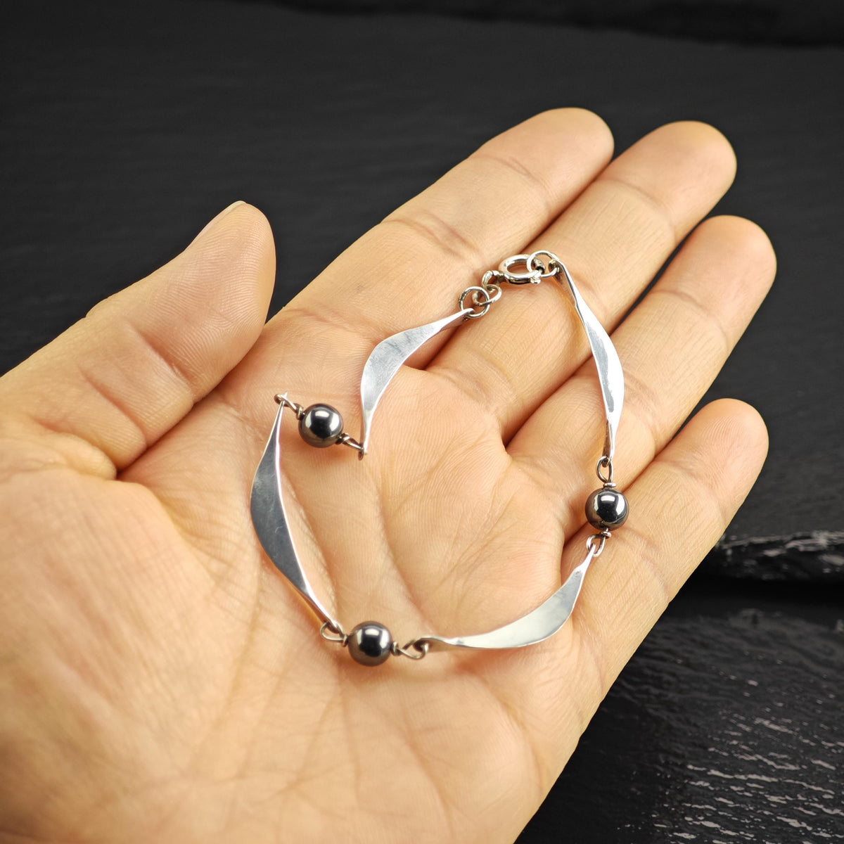 Dainty Modernist Hematite Sterling Silver Bracelet Sz 7" BR3160