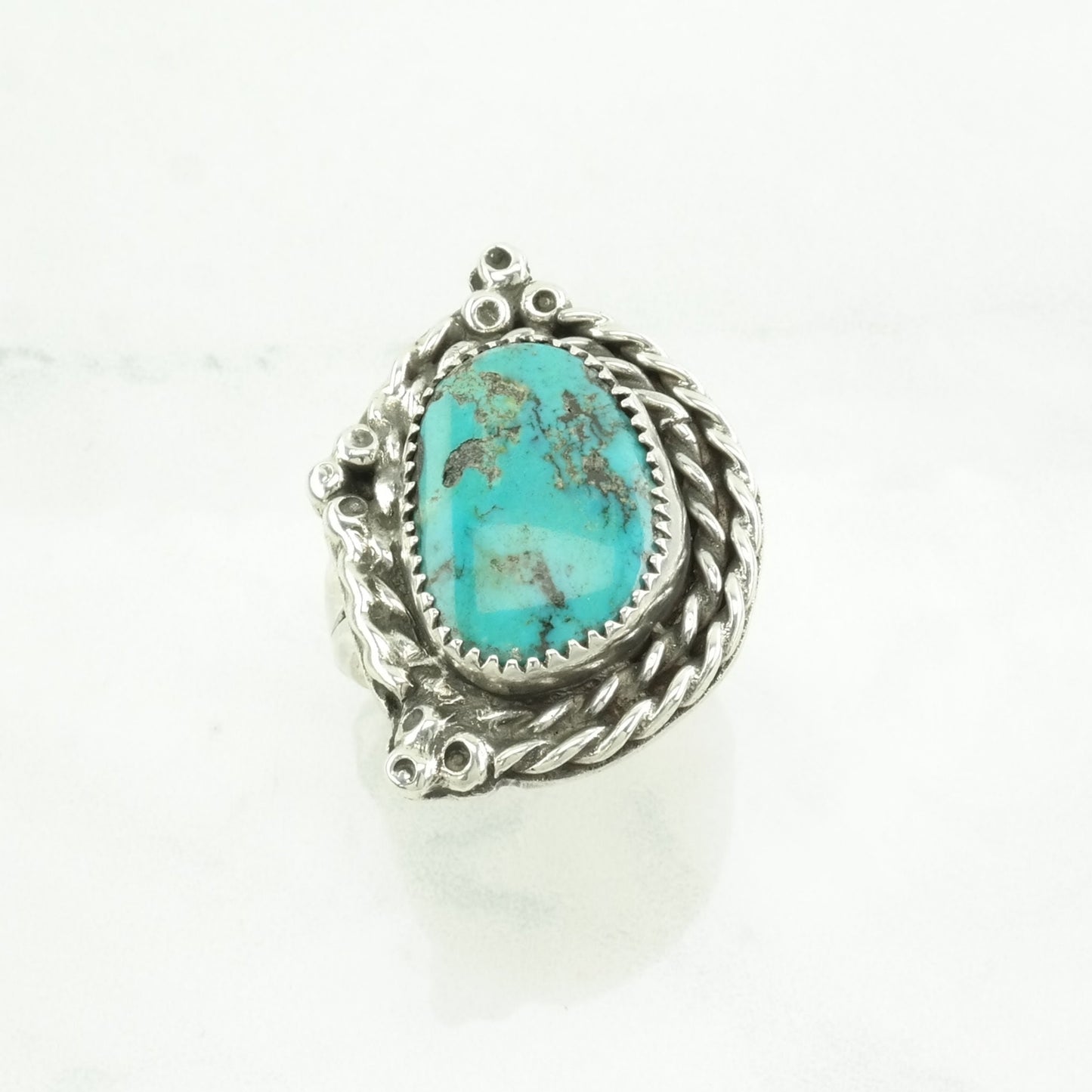 Native American Silver Ring Turquoise Rope Detail Sterling Blue Size 9 1/2