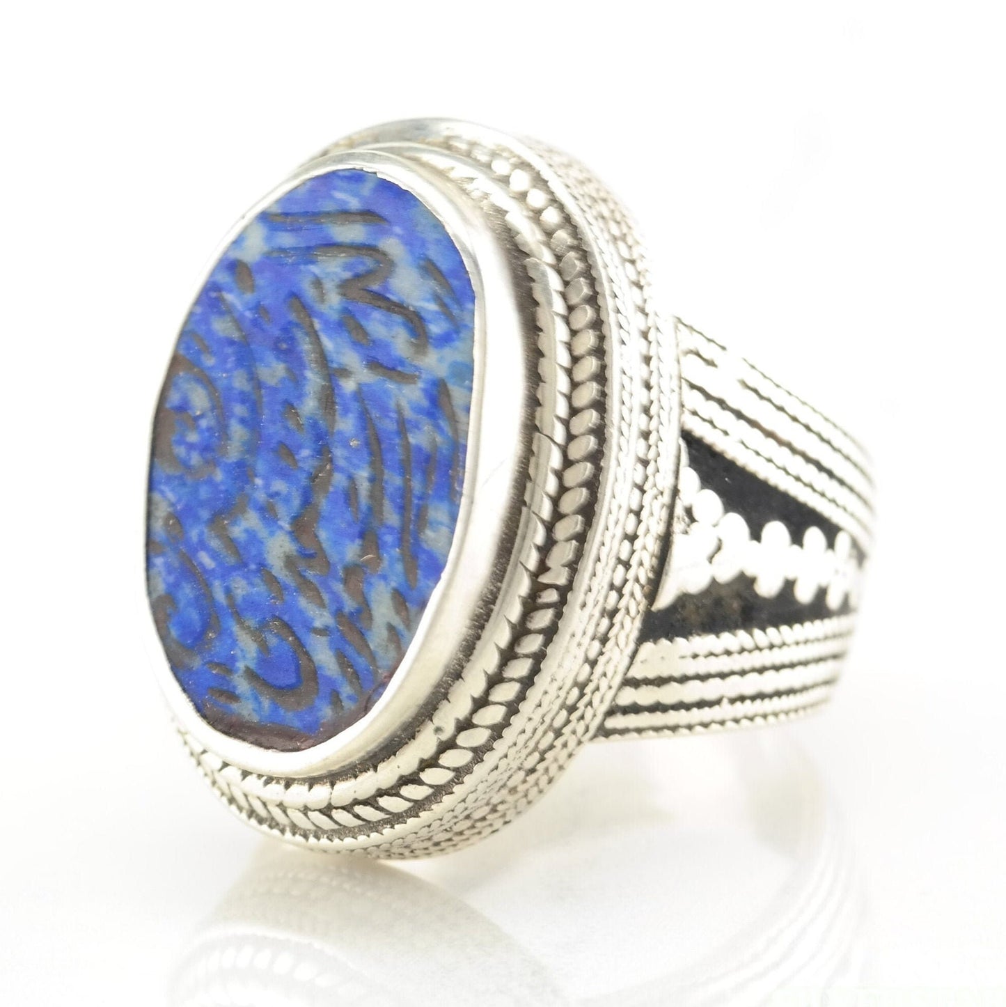 Vintage Blue Carved Lapis Silver Ring Size 10.5 Vintage Ethnographic Sterling