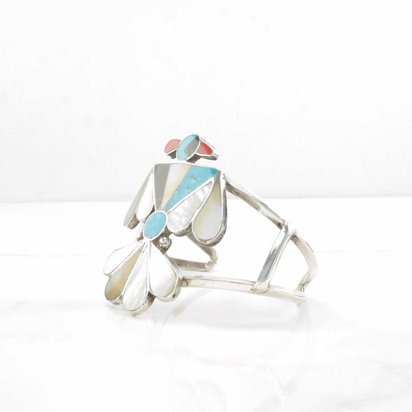 Native American Sterling Silver Cuff Bracelet MOP, Turquoise, Coral, Jet, Thunderbird