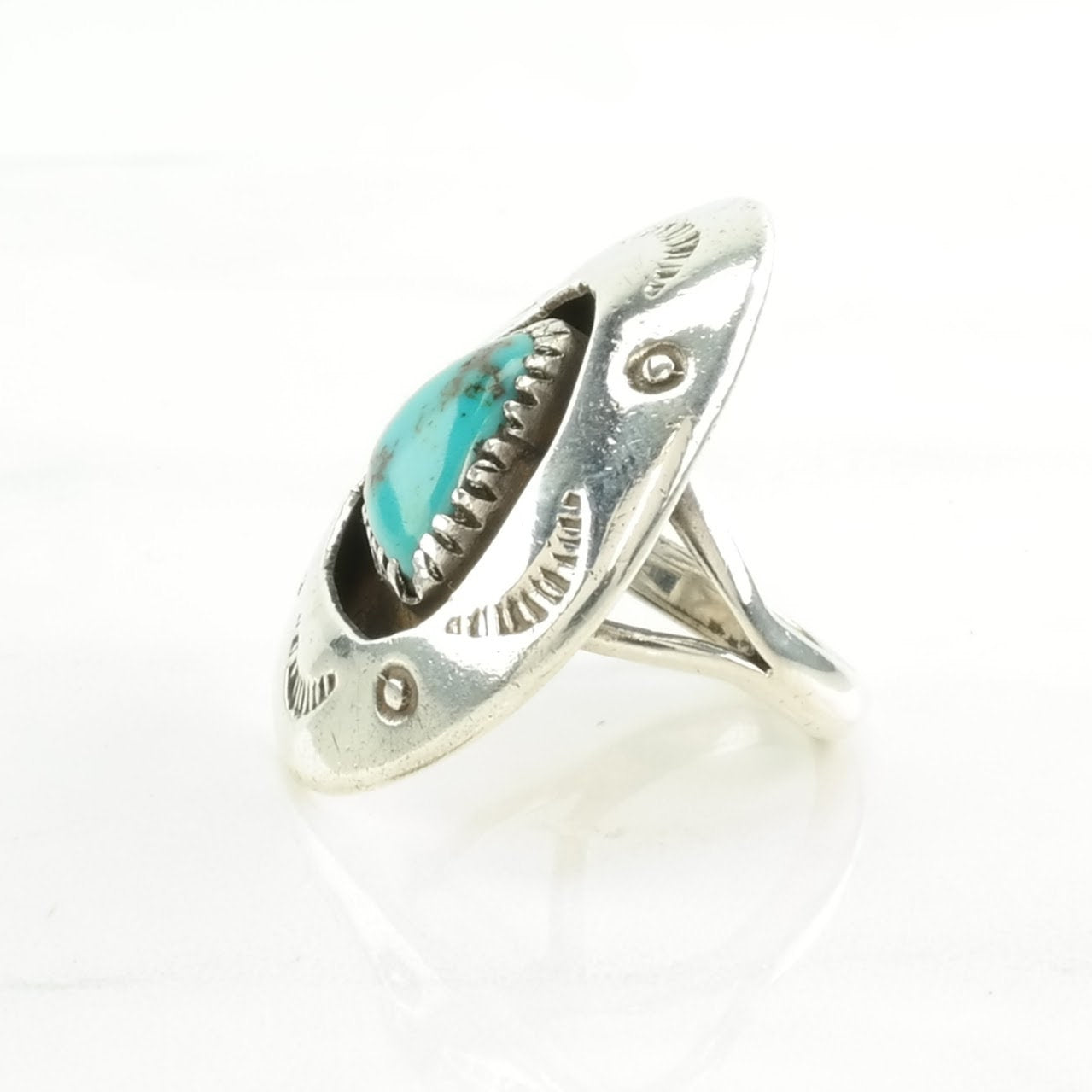 Southwest Silver Ring Turquoise Shadowbox Sterling Blue Size 6 1/4