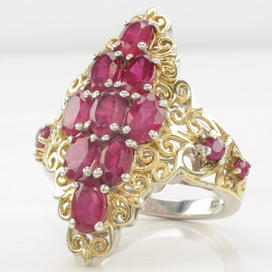 Vintage STS Ring Glass Filled Ruby, Cluster Gold Tone Sterling Silver Size 9 1/4