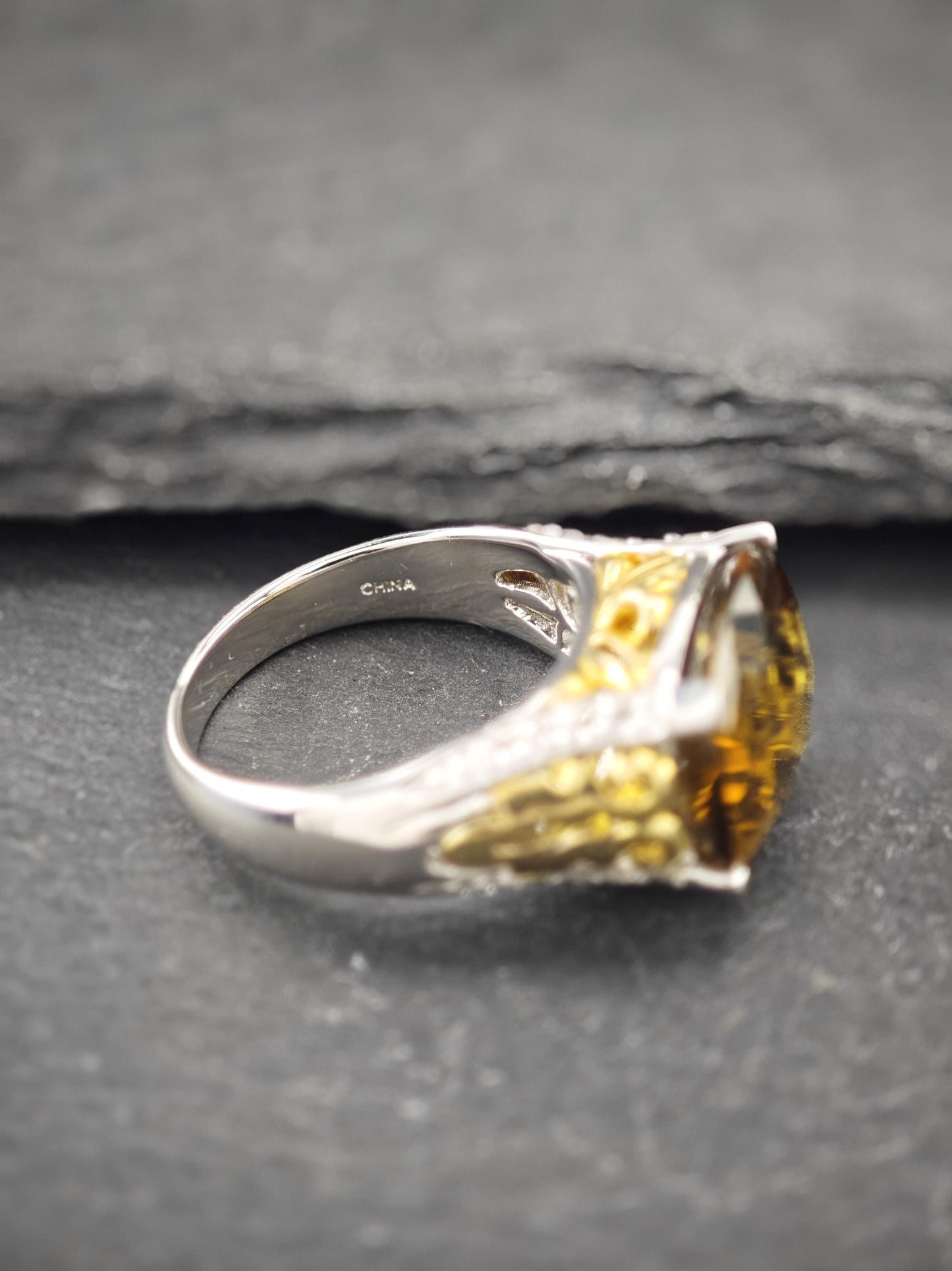 Duo Tone, Smoky Quartz & White Topaz Ring Sterling Silver