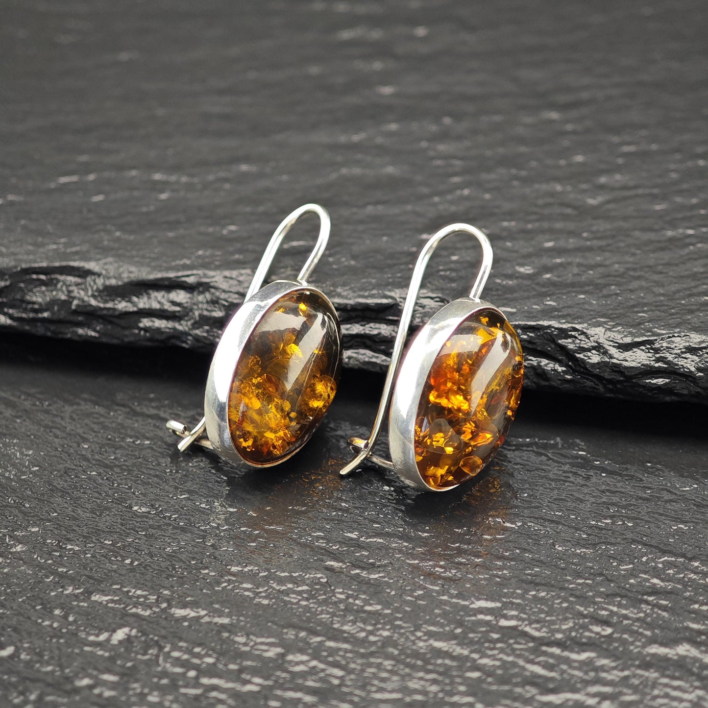 Vintage Brown Amber Oval, Fish Hook Earrings Sterling Silver