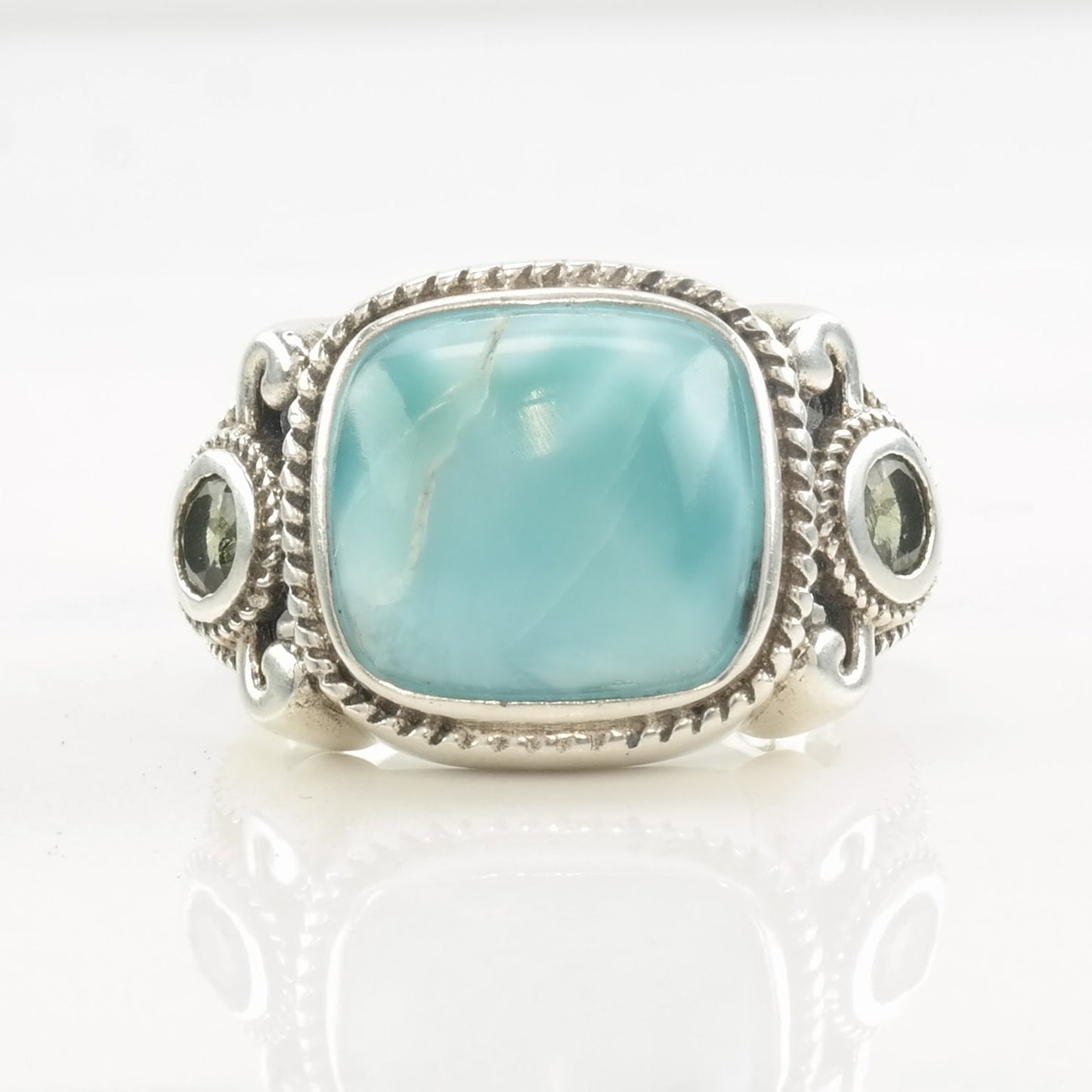 Designer Ring Larimar, Peridot Sterling Silver Size 6 3/4