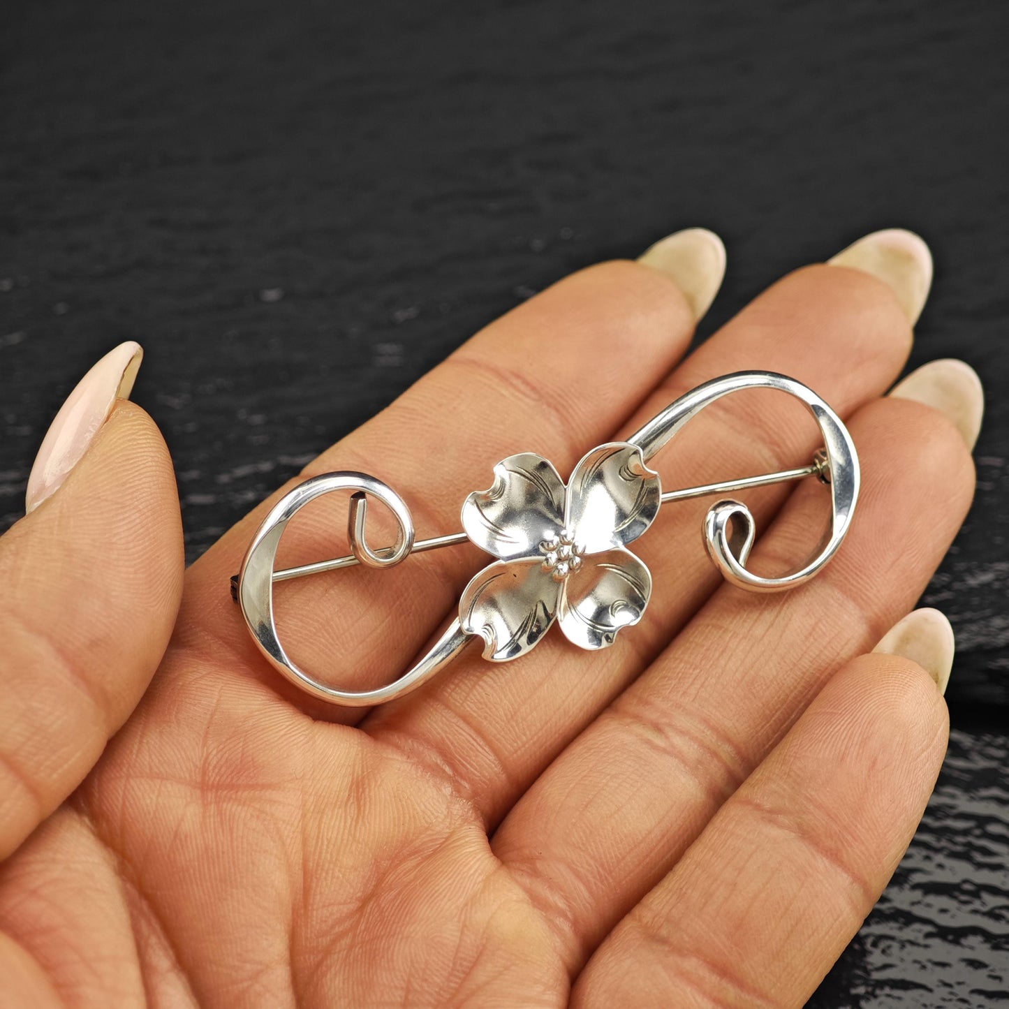 Vintage NYE Sterling Silver Floral Brooch