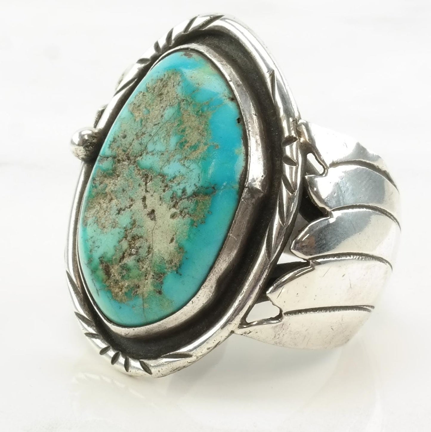 Vintage Southwest Sterling Silver & Turquoise Feather Shadowbox Ring, Size 12.5