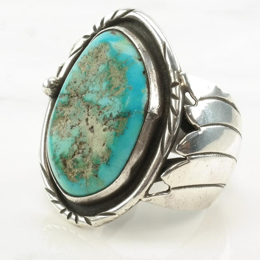 Vintage Southwest Sterling Silver & Turquoise Feather Shadowbox Ring, Size 12.5