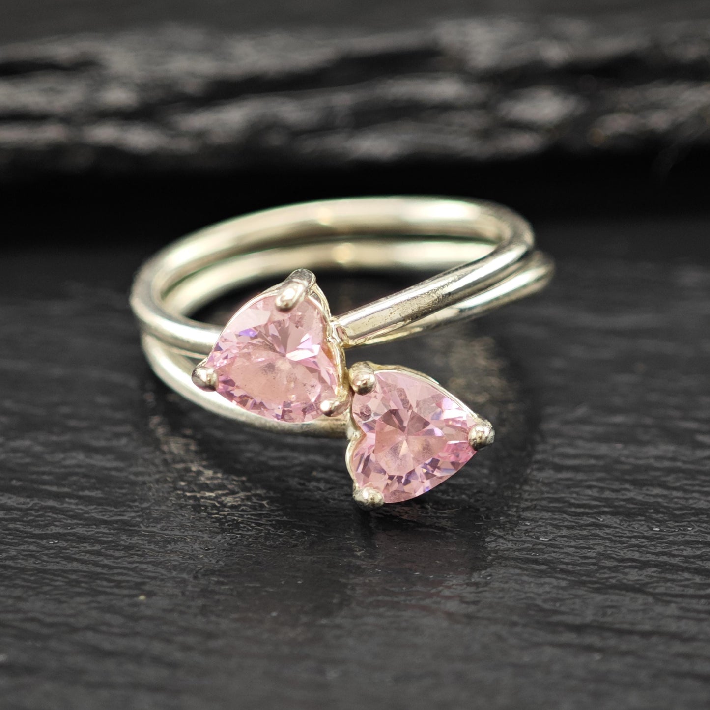 Sterling Silver Ring Double Pink Hearts Size 7 R6191