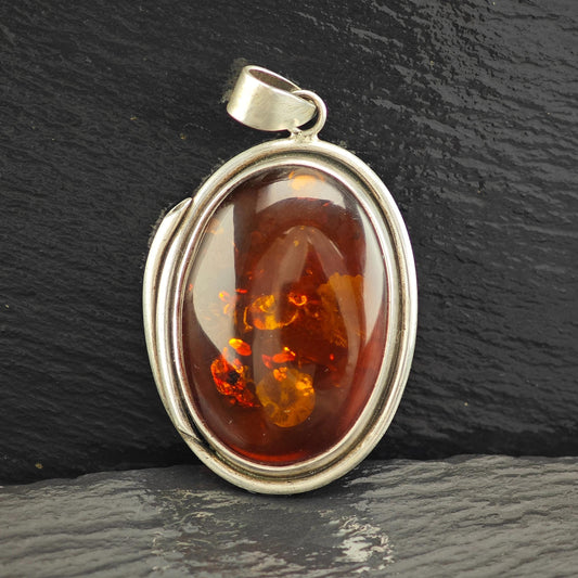 Vintage Oval Amber Pendant Sterling Silver