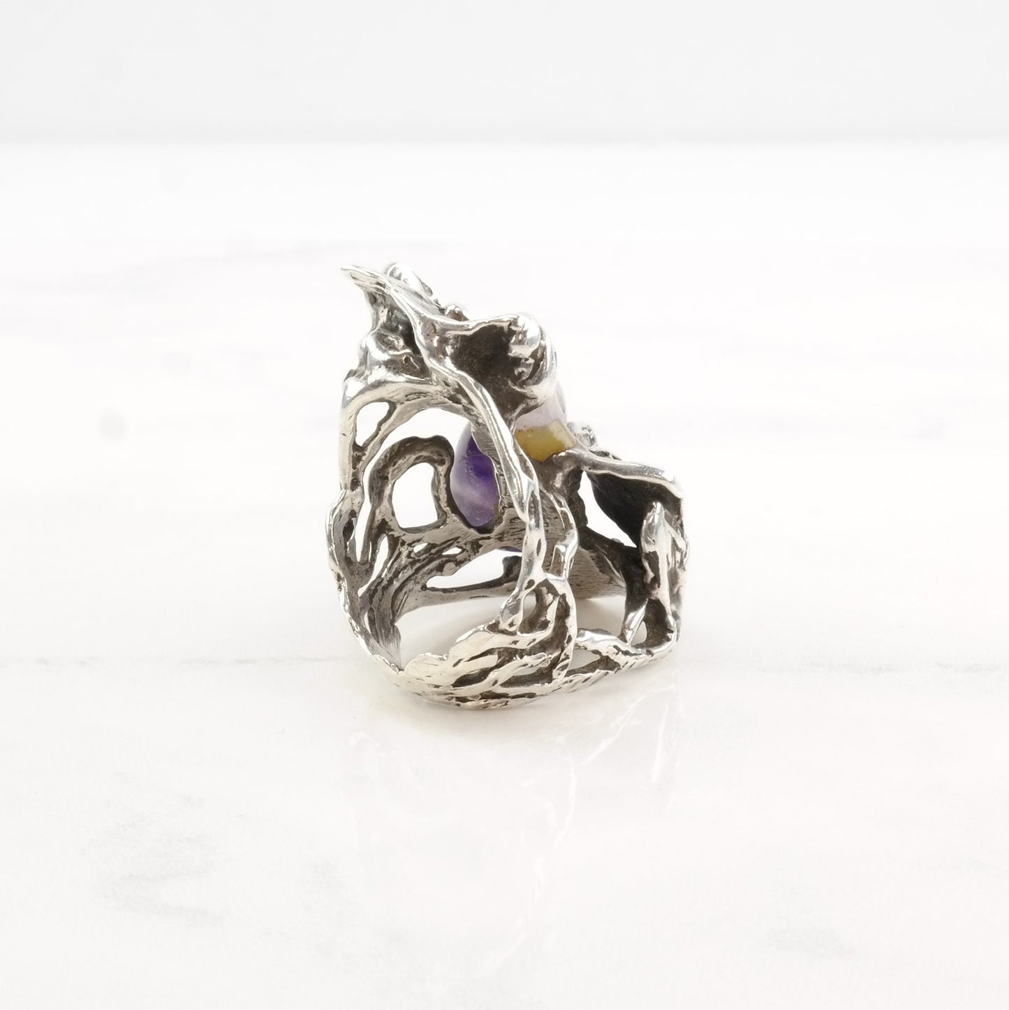 Brutalist Silver Ring Amethyst Leaf Flower Sterling Size 7 1/2