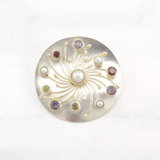 Vintage Modernist Pearl, Multi Gemstone Sterling Silver Pendant Brooch