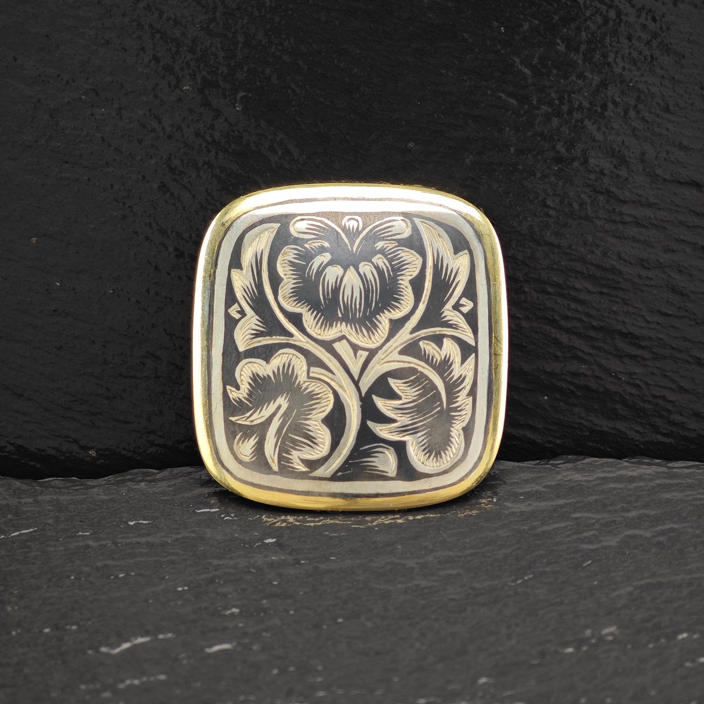 Vintage Soviet Gold Gilded, Niello Sterling Silver Brooch