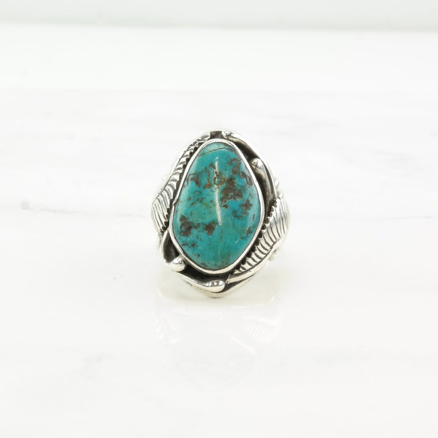 Navajo Silver Ring Turquoise Leaf Sterling Size 9