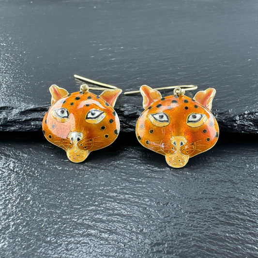 Laurel Burch Orange, Gold Gilded Enamel Cheetah Cat Fish Hook Earrings Sterling Silver