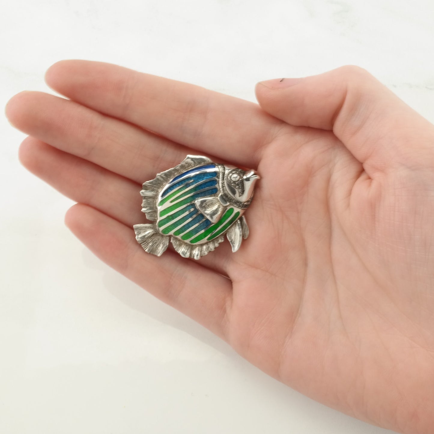 Vintage Kabana Blue, Green Silver Brooch Fish Enamel Sterling