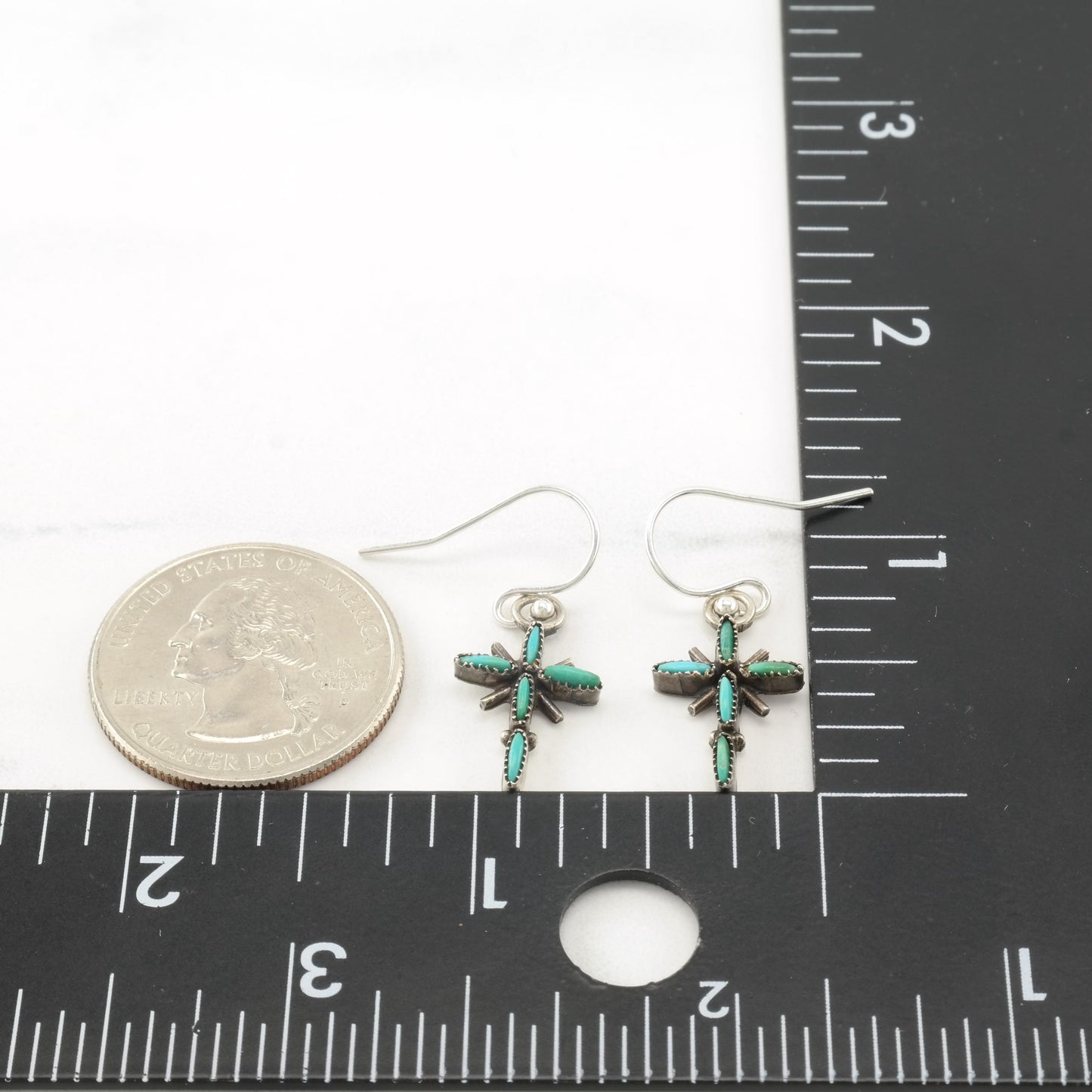 Vintage Native American Green, Blue Turquoise Cross Sterling Silver Fish Hook Earrings