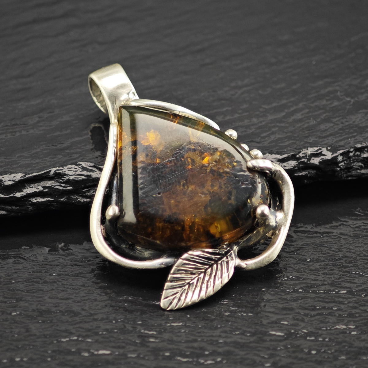 Amber Leaf Sterling Silver Pendant P3129