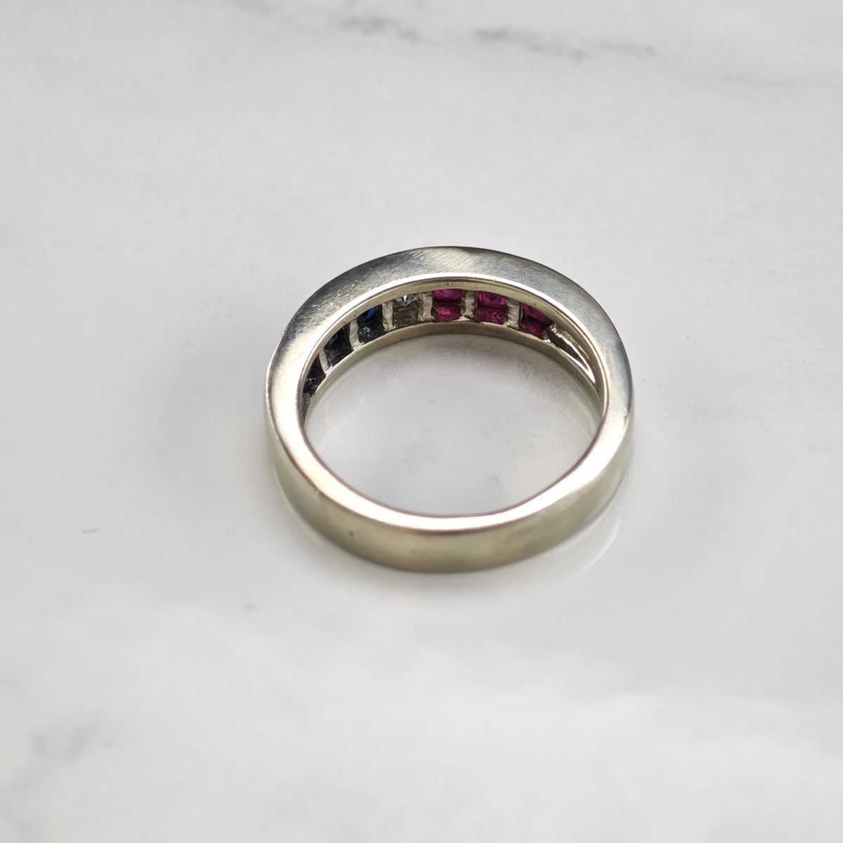 Red White & Blue Diamond Ruby Sapphire 14K White Gold Ring Sz 5 3/4 R6804