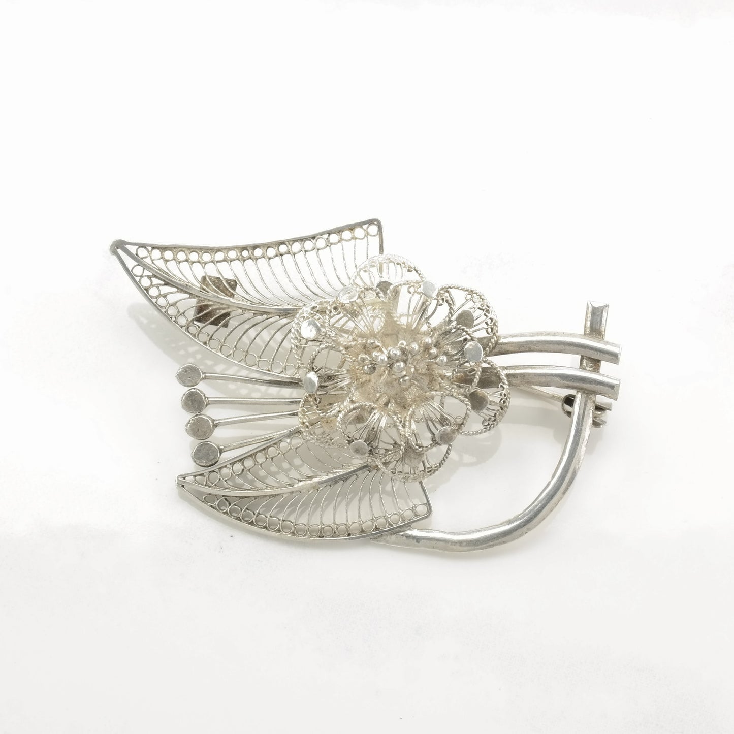 Silver Brooch Filigree Flower Sterling