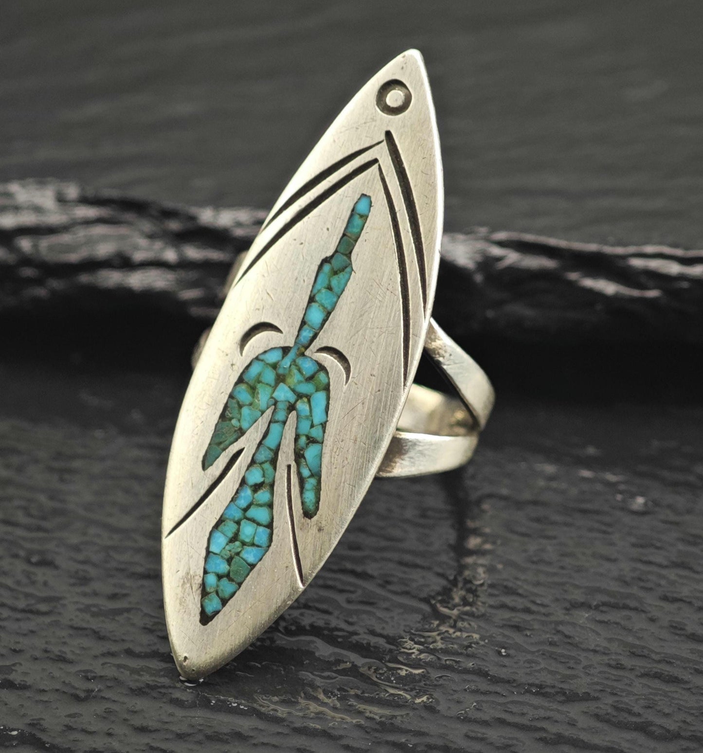 Native American Turquoise Inlay Thunderbird Sterling Silver Ring Sz 5 1/2 R6652