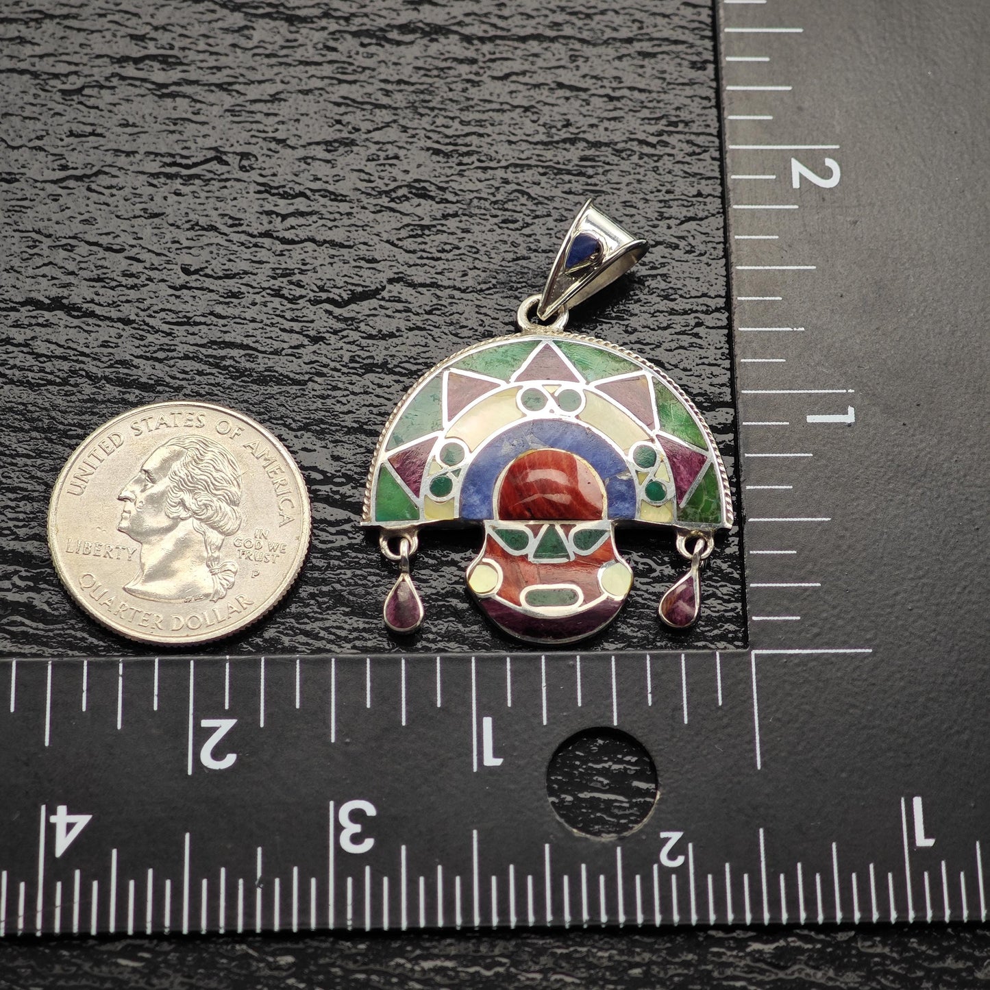 Vintage Gemstone Inlay Tumi Pendant Sterling Silver