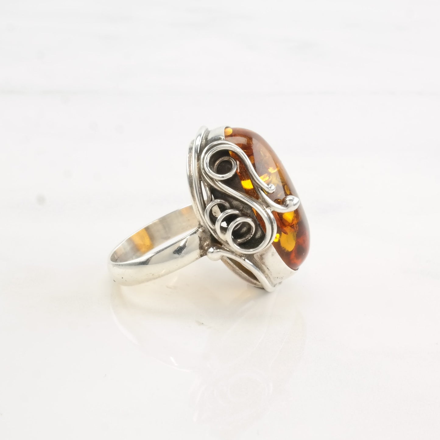 European Silver Ring Amber Oval Swirl Sterling Size 8