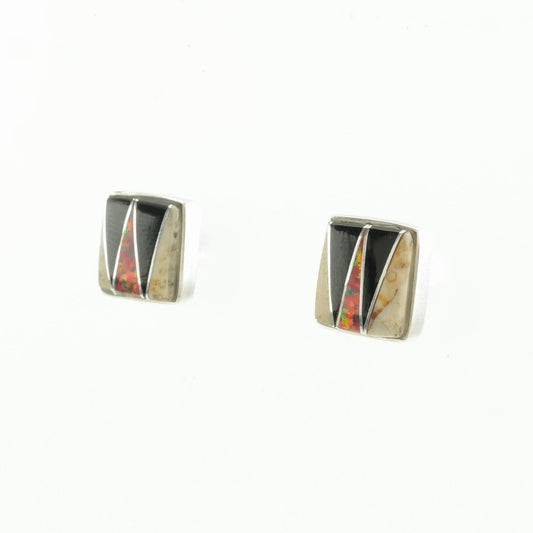 Sterling Silver Black Onyx, Lab Opal, Stone Inlay Earrings Stud