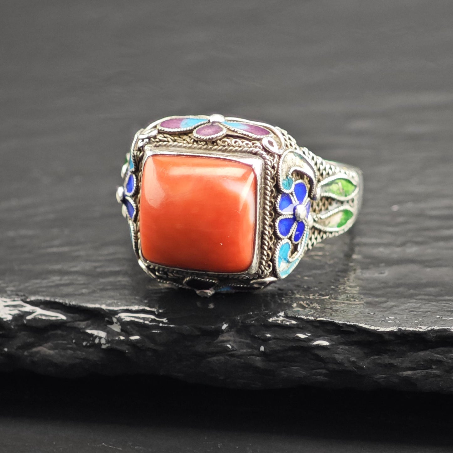 Chinese Export Enamel & Coral Sterling Silver Ring Sz 8 R6721