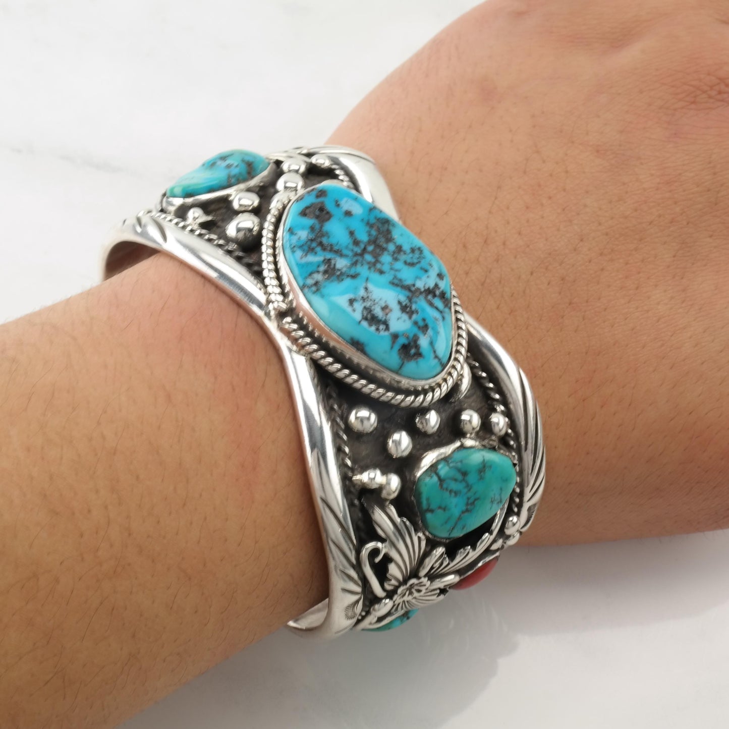 Native American Cuff Bracelet Sterling Silver Turquoise Coral Platero Navajo