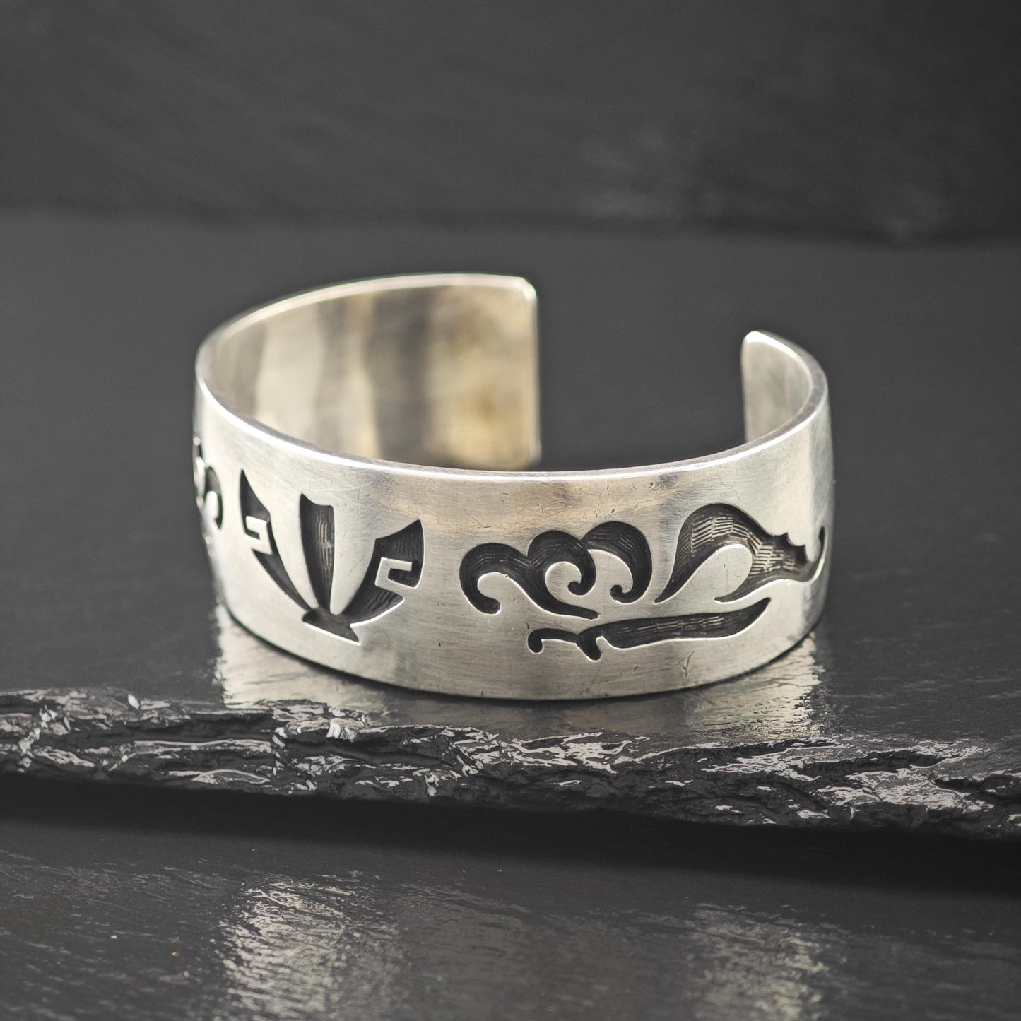 Hopi, Hubert Yowystewa Overlay Cuff Bracelet Sterling Silver Native American