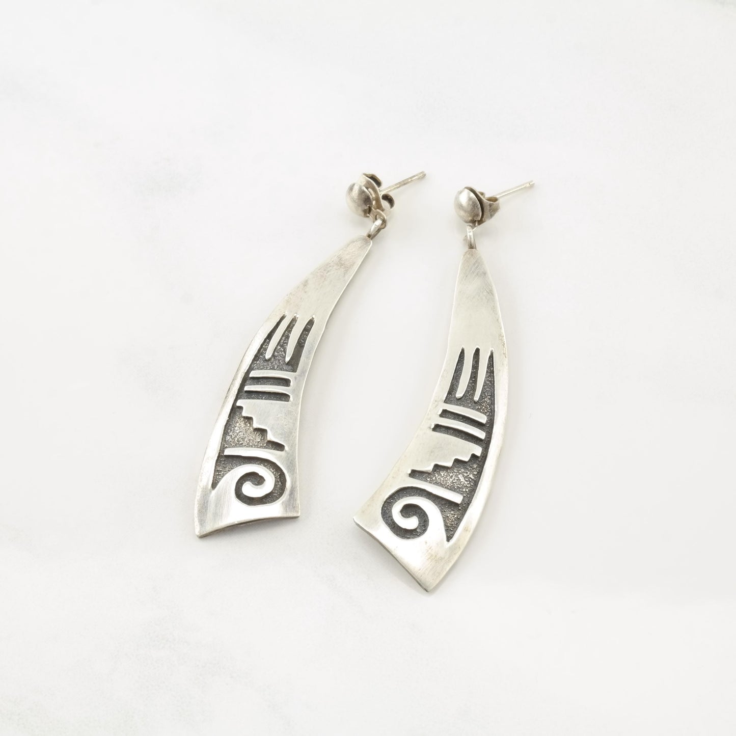 Vintage Native American Long, Overlay Sterling Silver Pierced Dangle Earrings