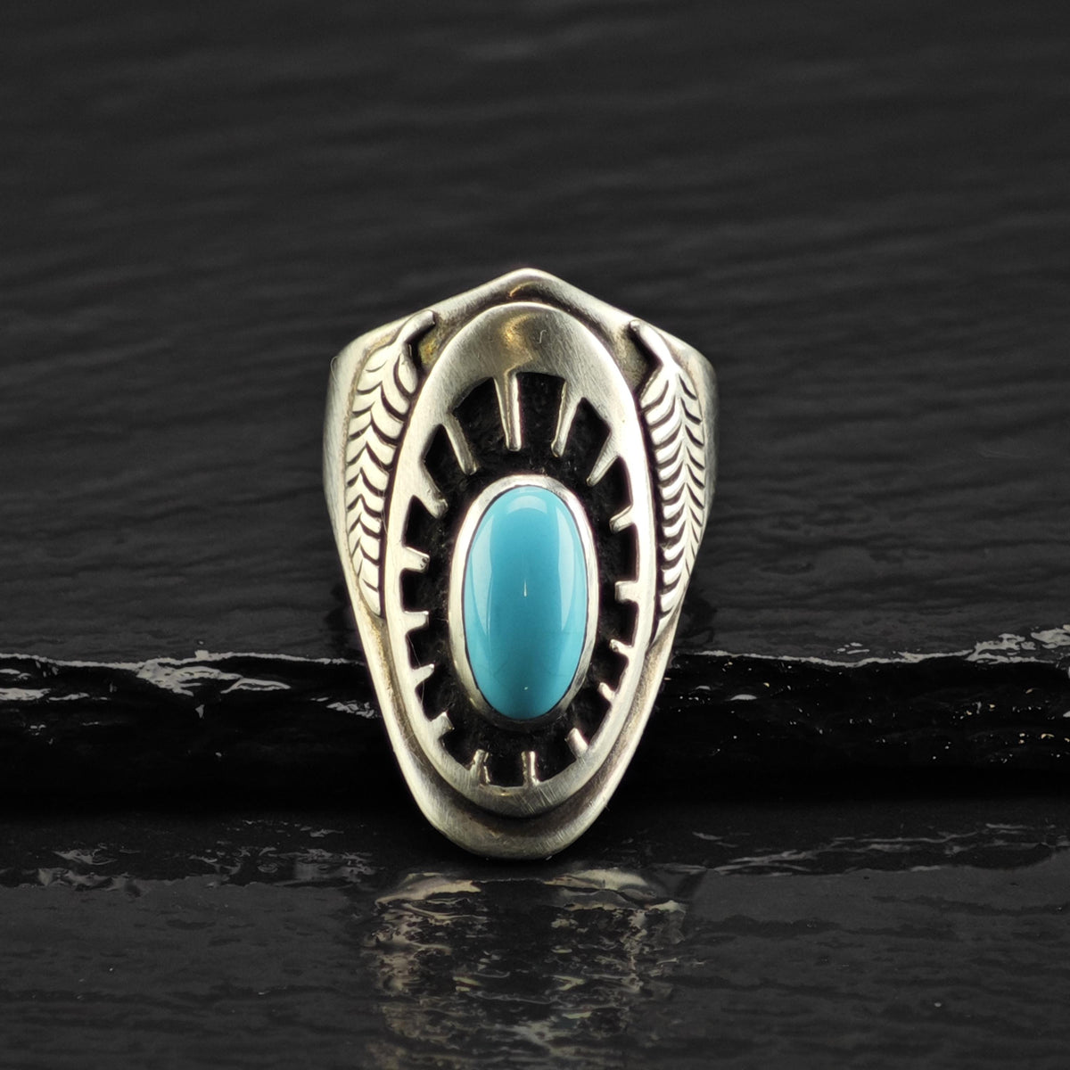 Vintage Ben Nighthorse Turquoise Feather Detail Sterling Silver Ring Sz 8 R6882