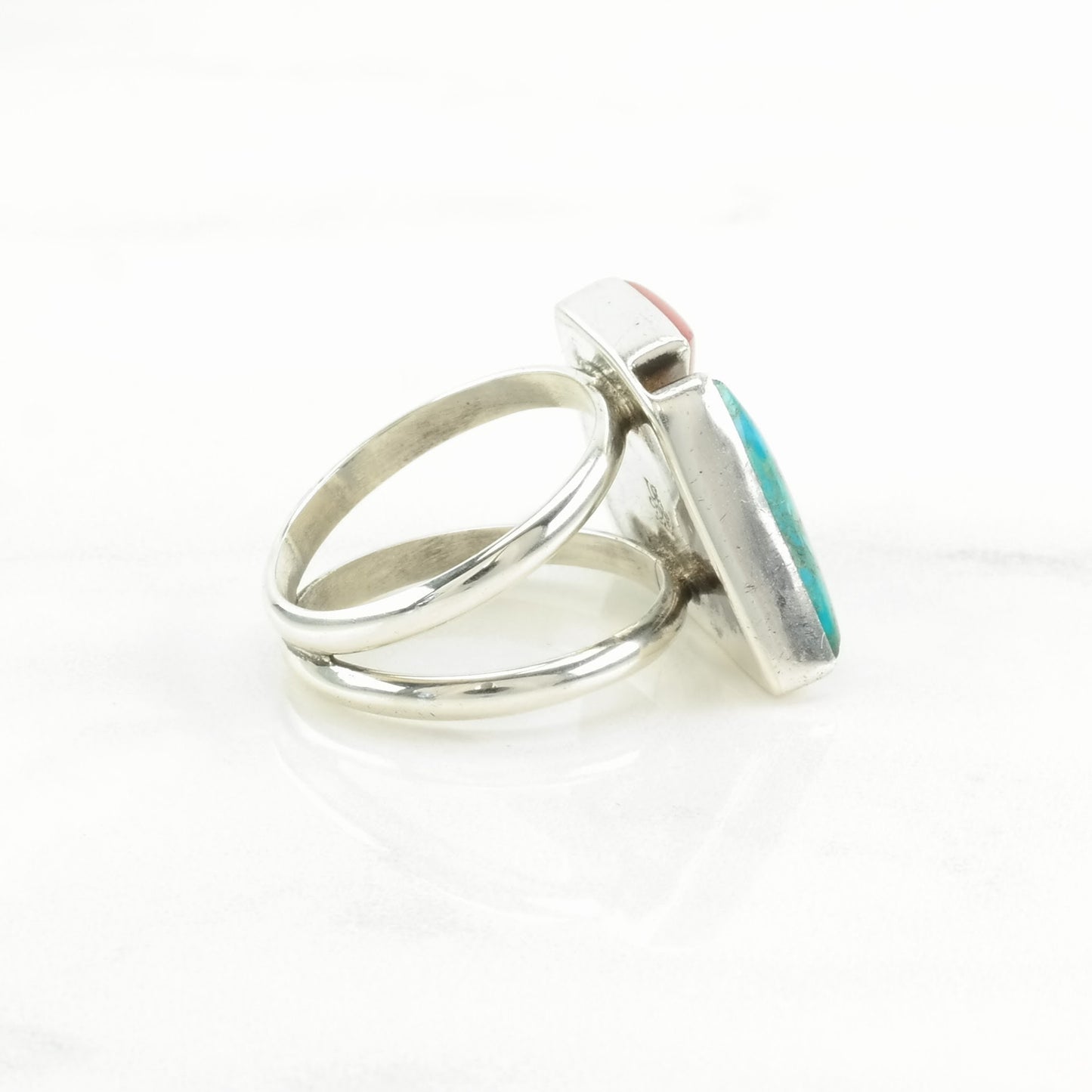 DTR Silver Ring Reconstituted Turquoise, Coral Sterling Blue, Red Size 7 1/4