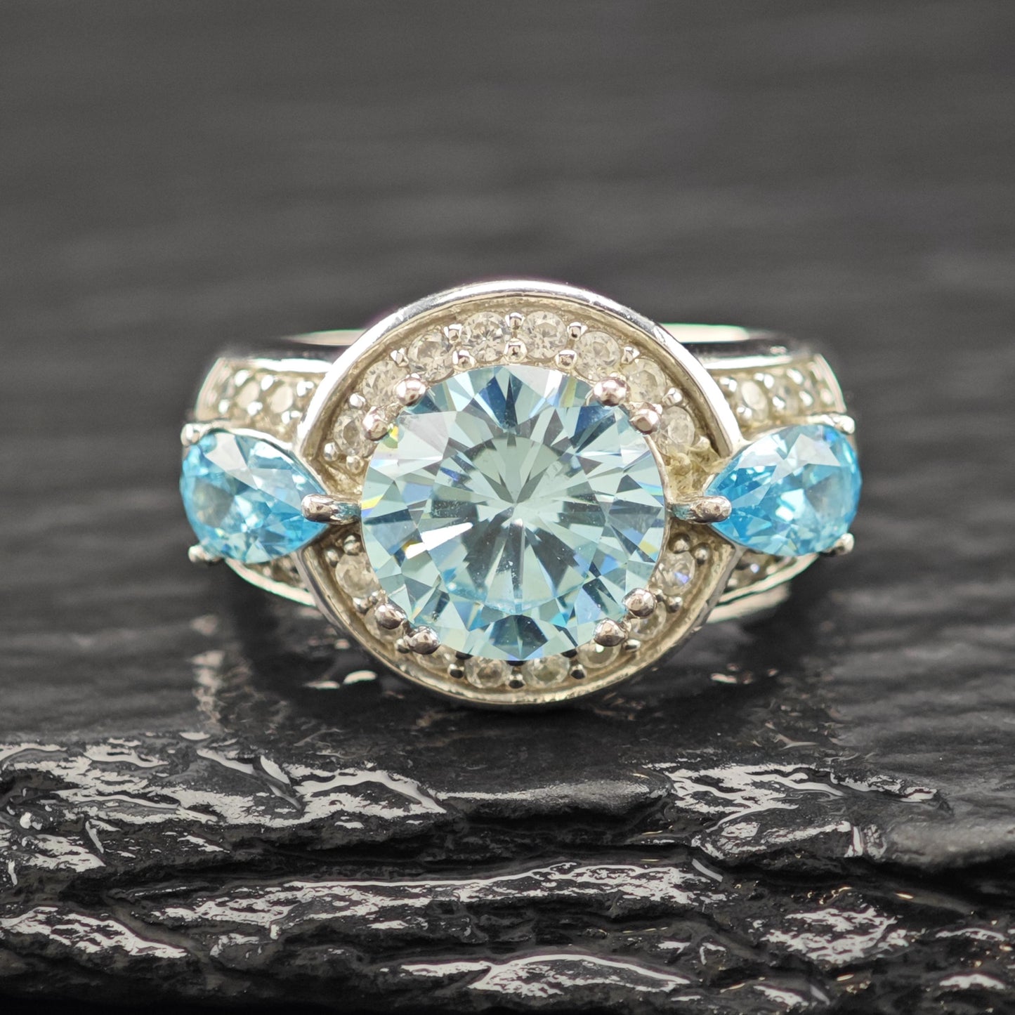 BBJ Blue CZ Sterling Silver Ring Bold Statement Stone Size 5 3/4 R6095