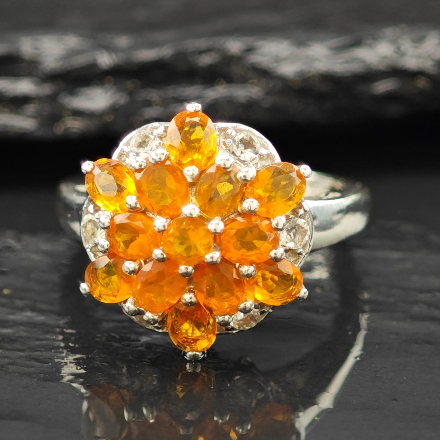 Sterling Silver Ring Orange Gemstone Cluster Size 7 R6207