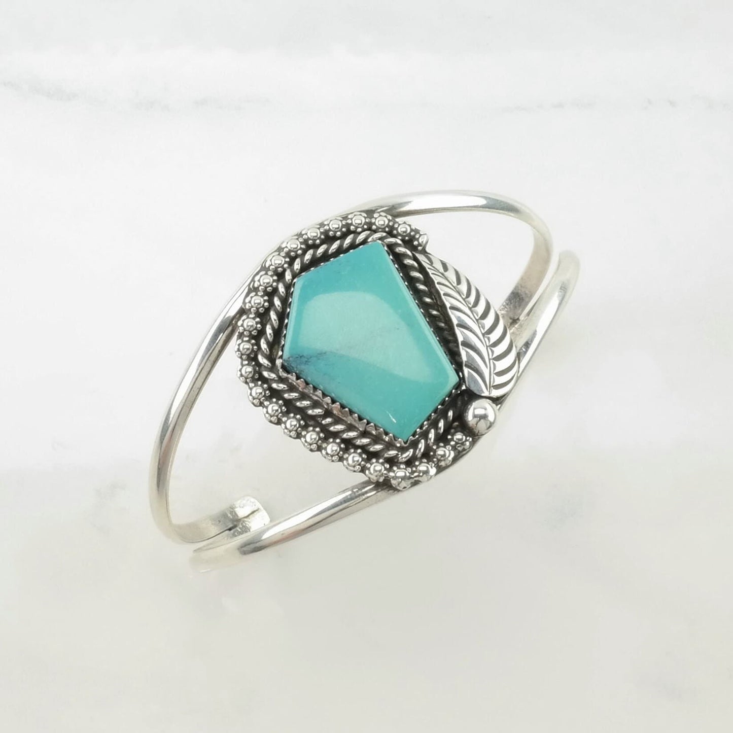 Native American Sterling Silver Cuff Bracelet Blue Turquoise Leaf