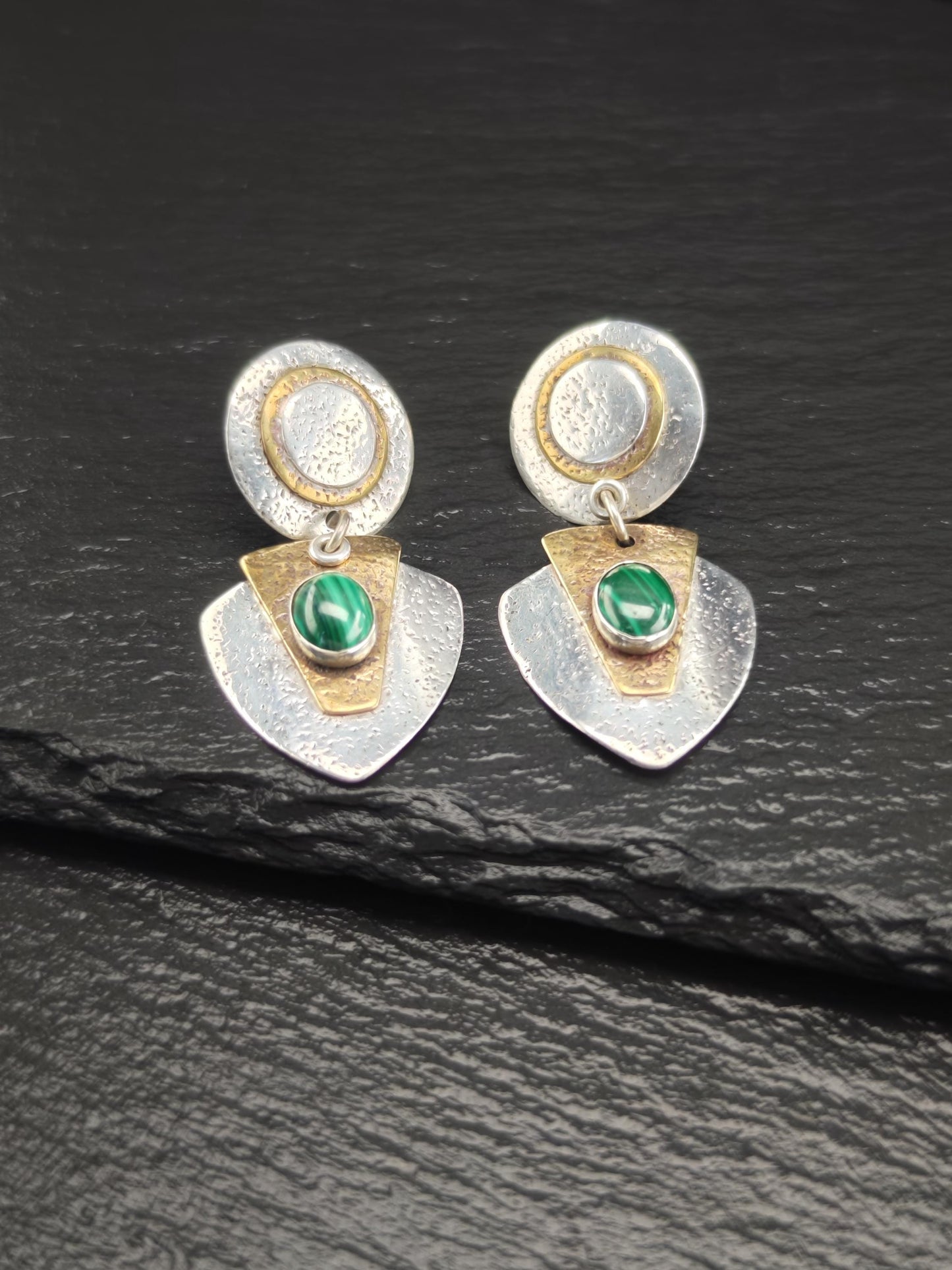 Modernist Green, Gold Malachite Brass Stud/Dangle Earrings Sterling Silver
