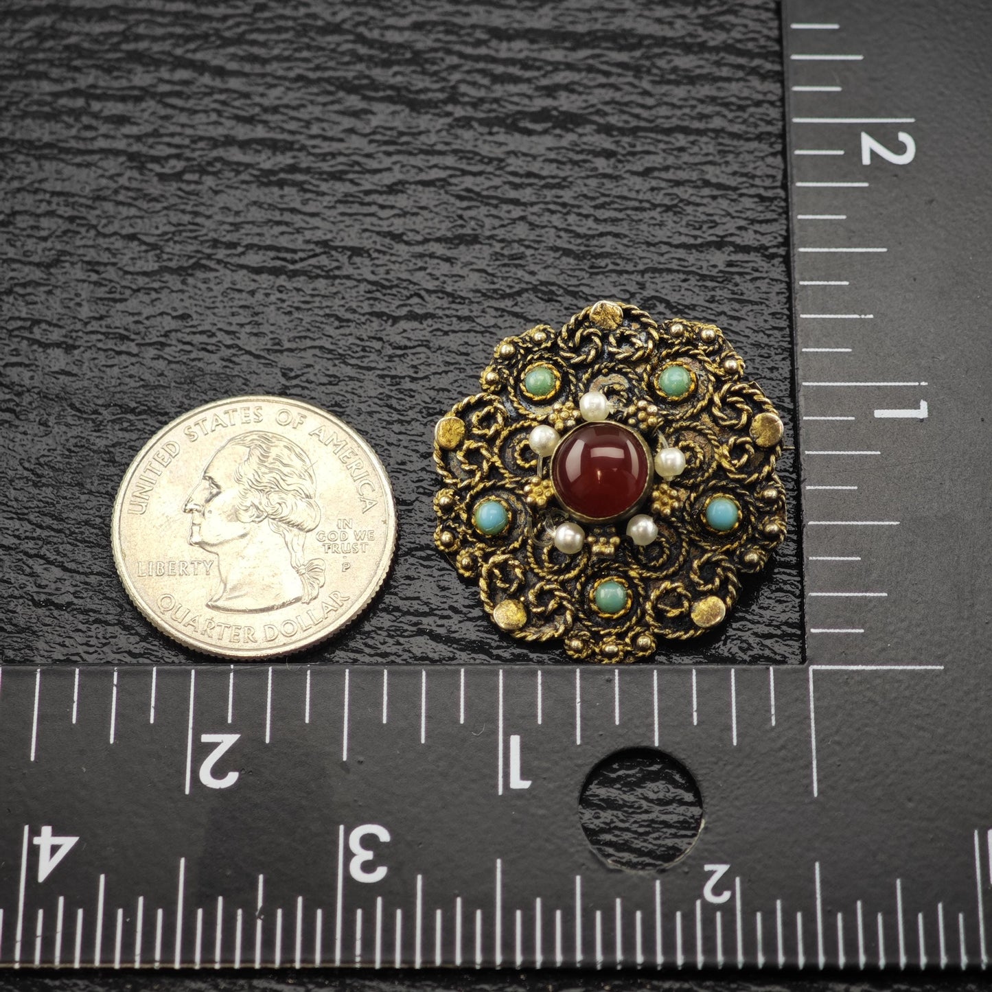 Filigree Pearl, Gemstone Gold Gilded Brooch/Pendant Sterling Silver