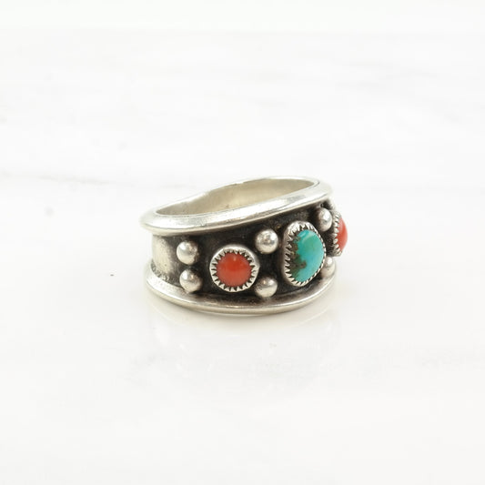 Native American Silver Ring Turquoise Coral Shadowbox Band Sterling Size 11