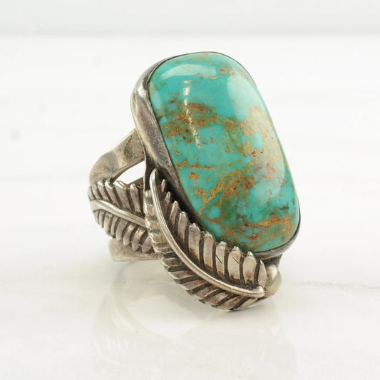 Native American Silver Ring Huge Turquoise Feather Sterling Size 10 1/2