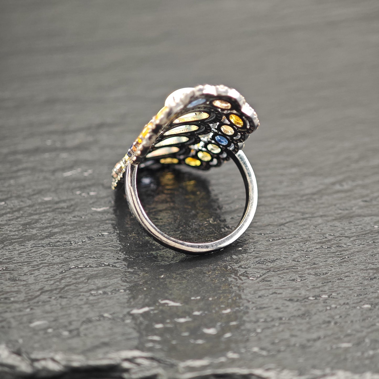 Oxidized Diamond, Opal, Sapphire Sterling Silver Ring R5799