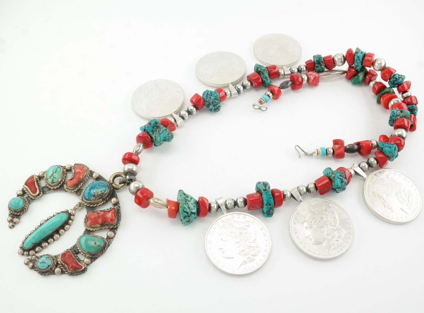 Iron Wolf Thompson Sterling Silver Turquoise, Coral, Morgan Dollars Squash Blossom Necklace