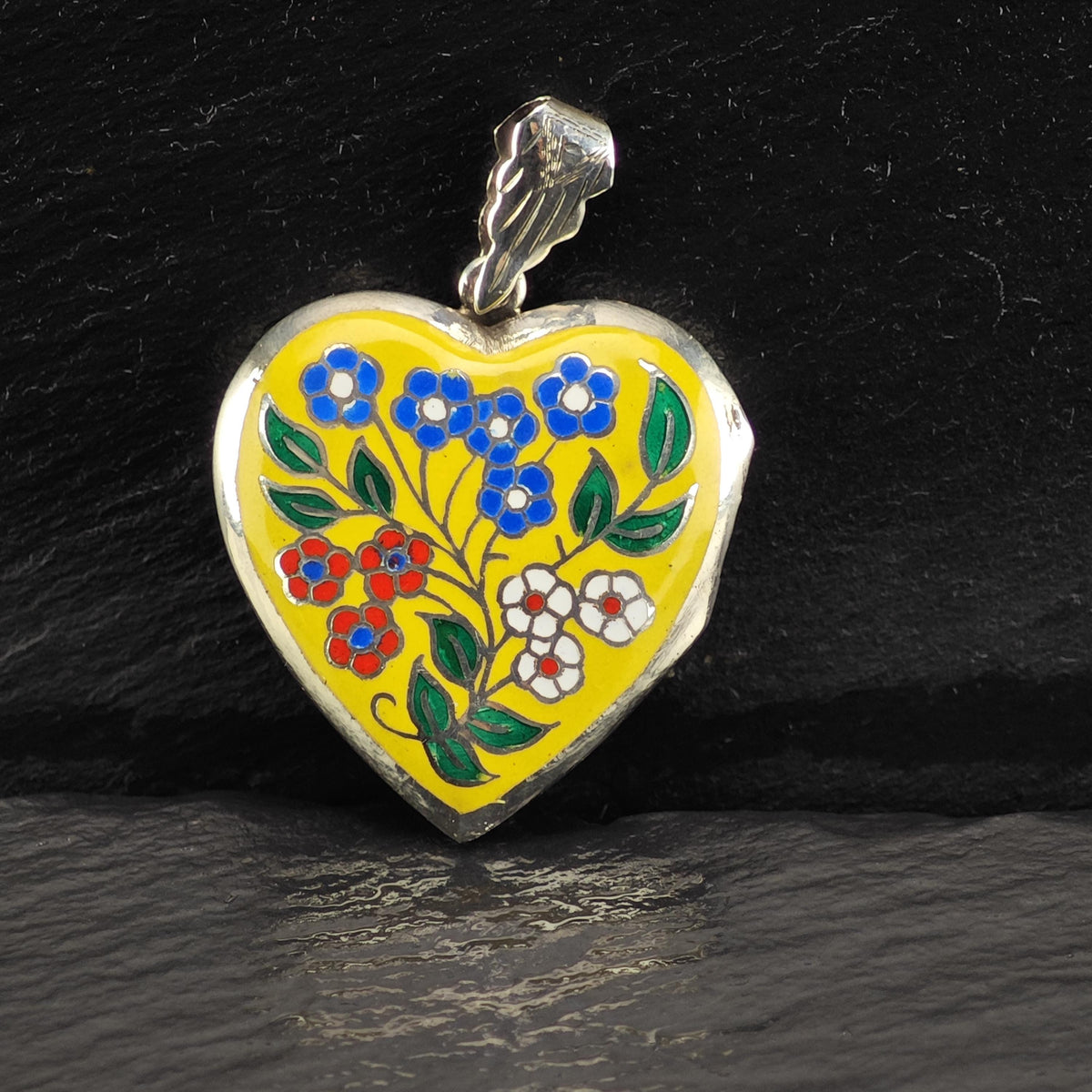 Enamel Heart Floral Locket Sterling Silver Pendant P3159