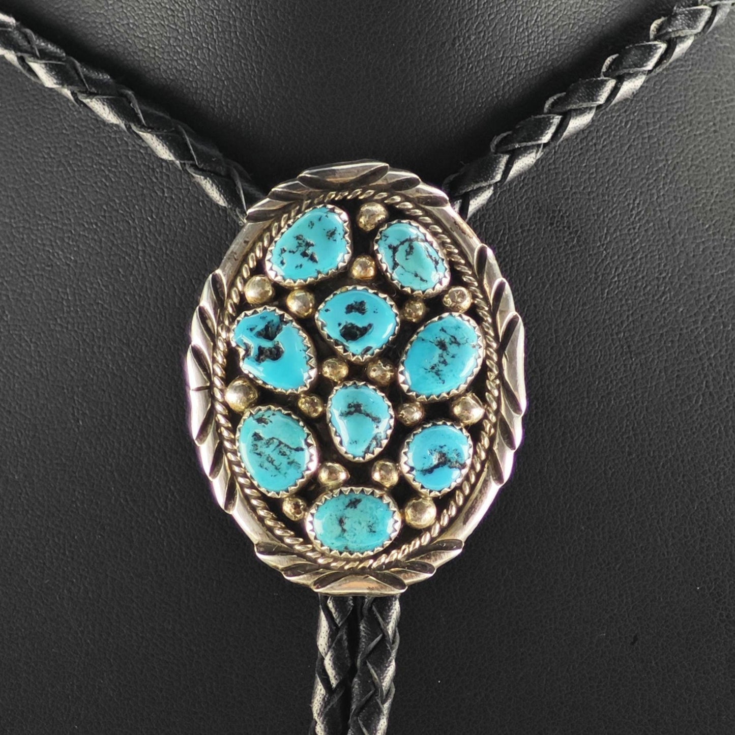 Vintage Native American Sterling Silver Sleeping Beauty Turquoise Cluster Bolo Tie Necklace N2746
