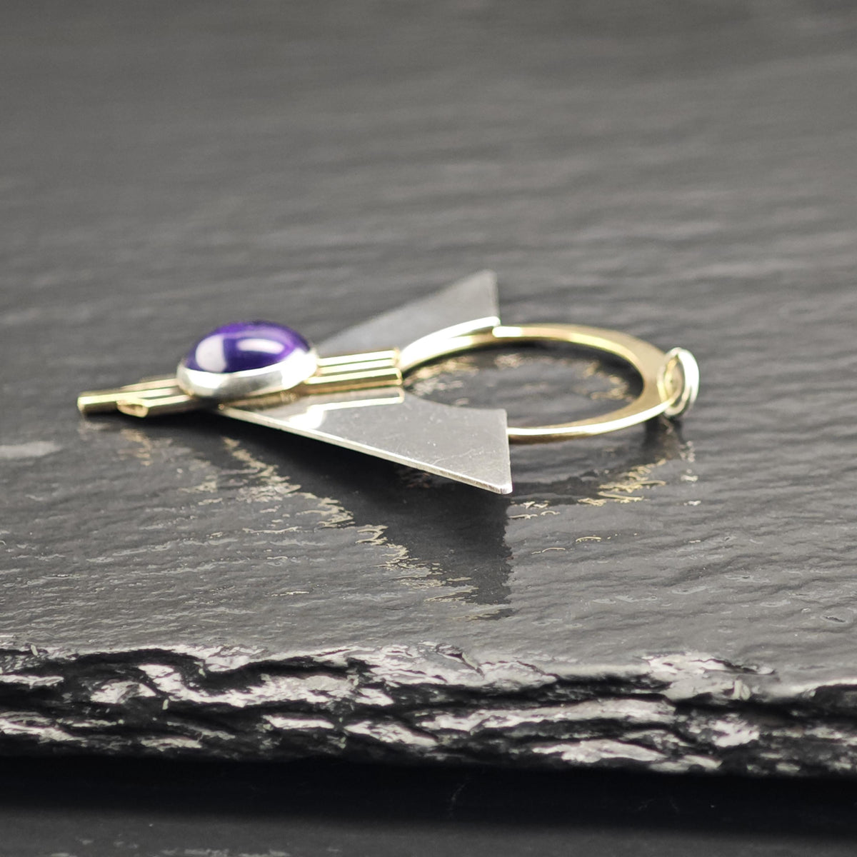 Modernist Amethyst Gold Accent Triangular Sterling Silver Pendant P3119