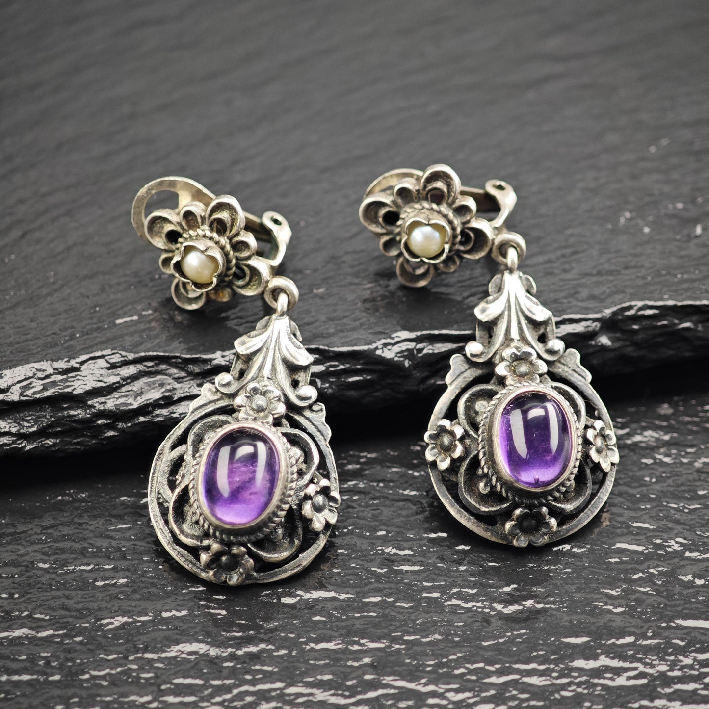 European Art Nouveau Cabochon Amethyst, Pearl Clip On Sterling Silver Earrings ER3197
